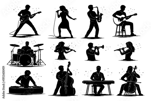 Silhouettes of diverse musicians playing instruments in dynamic poses.