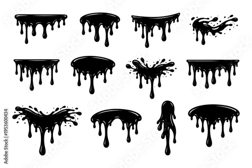 Set of twelve black dripping paint splashes on white background.