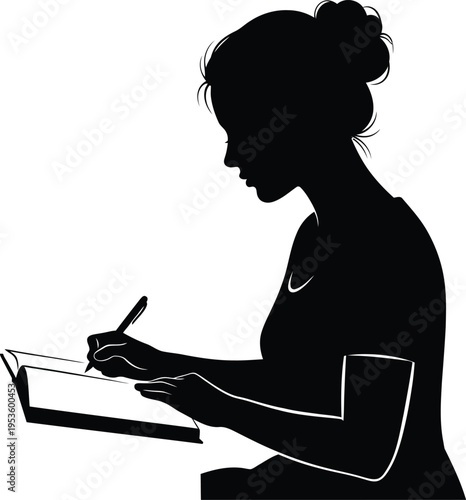 Silhouette of a woman writing in a notebook isolated on white background