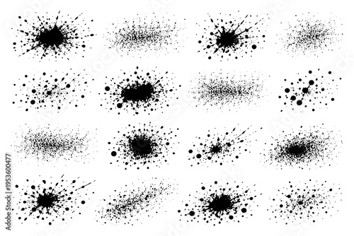 Set of grunge black ink splatters and splashes isolated on white background.