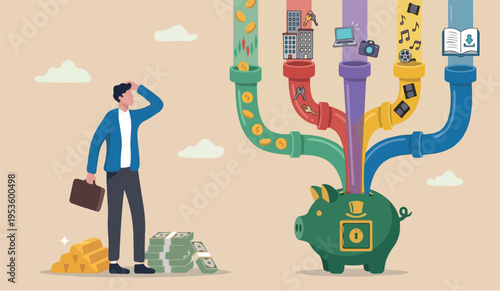 Multiple streams how good go we for to in the ncome, passive income or revenue from invest in multi assets, side hustles to make money concept, rich businessman standing with multi cash flow from pipe