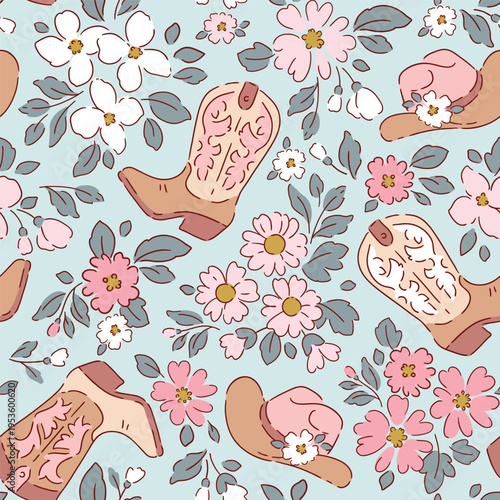 Seamless vector pattern with cowboy boots and liberty flowers. Hand drawn floral background. Perfect for textile, wallpaper or nursery print design.