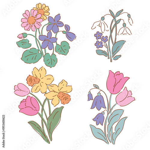 Set of vector spring flowers. Hand drawn liberty floral design on isolated background. Snowdrop, crocus, hyacinth, primrose, daffodils, bluebell and violet.