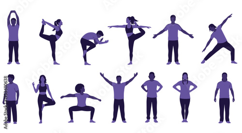 Diverse group of people engaged in various fitness activities isolated on white background