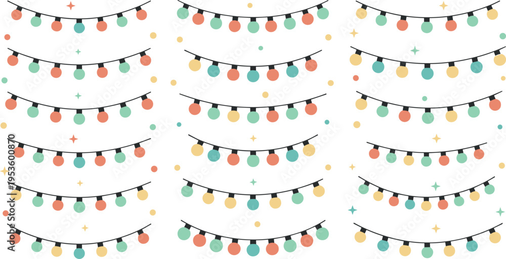Fototapeta premium Seamless pattern of colorful festive string lights with hanging bulbs and sparkles in soft pastel flat vector illustration style