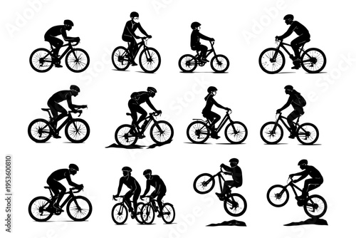 Silhouettes of cyclists: diverse riders and bikes in motion.