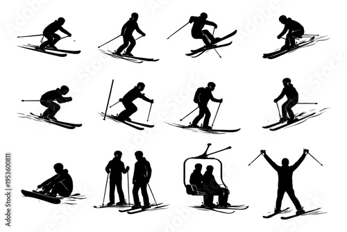 Silhouette illustrations of skiing and snowboarding activities.