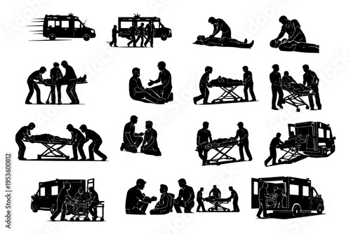 Emergency medical response: silhouettes of paramedics assisting patients and ambulance scenes.