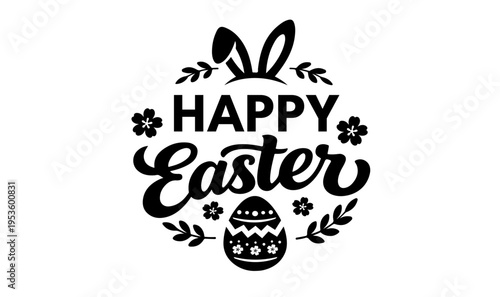 Happy Easter Floral Logo with Bunny Ears, Decorative Egg and Spring Leaves Vector, perfect for holiday branding, stickers, seasonal invitations, and commercial graphic assets.