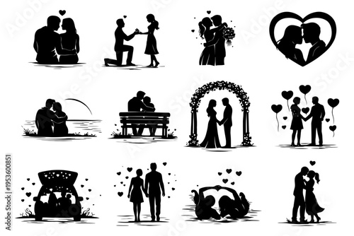 Romantic couples silhouettes in various romantic gestures and settings.