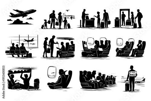 Silhouettes of diverse airport scenes with travelers and airplane.