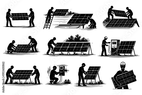 Silhouette illustrations of people installing solar panels in various positions.