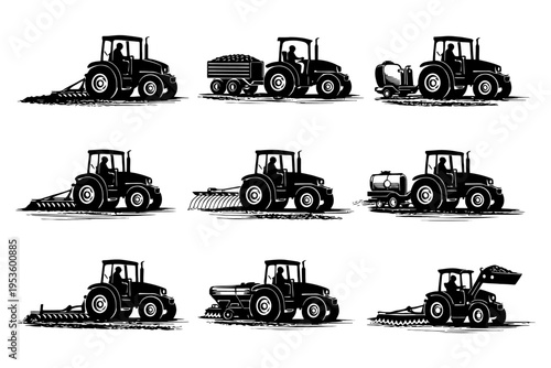 Vintage tractor silhouettes engaged in various farming tasks set on white background.