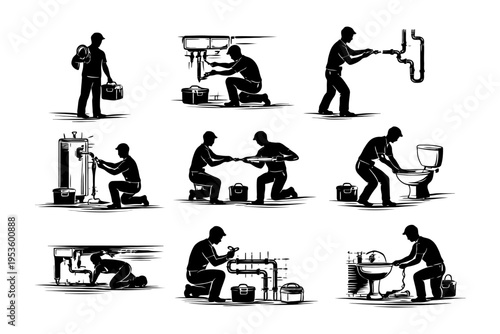Silhouette of plumbers performing various tasks and repairs.