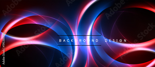 Abstract neon lines create dynamic curves. Red, blue hues dominate dark background. Modern design element for digital projects.
