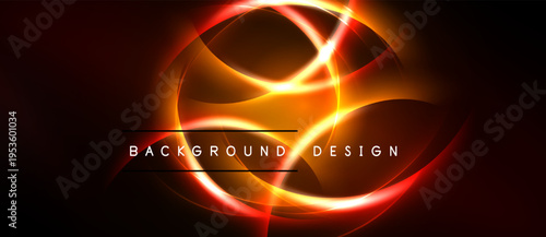 Abstract design features vibrant orange, red glows. Dark background emphasizes swirling light shapes, text reads background design.