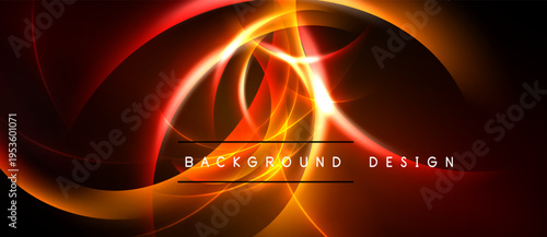 Abstract design features vibrant orange, red swirls. Dynamic energy radiates from central point, creating striking visual impact. Background is black.