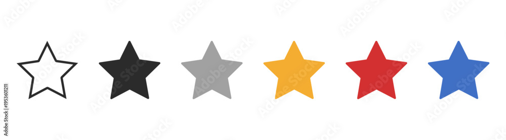 Obraz premium Star icon set, colored rating symbols, flat design shapes, simple interface elements, isolated vector collection on transparent background