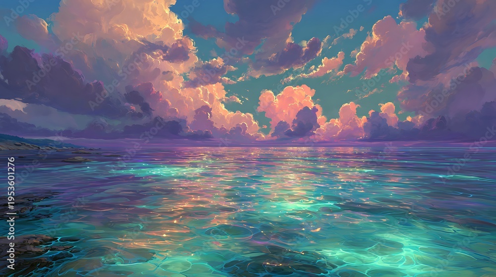 Obraz premium Dreamy fantasy seascape with glowing ocean waters and vibrant pink clouds at sunset
