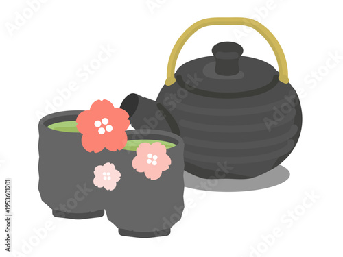 急須と緑茶　桜　イラスト
