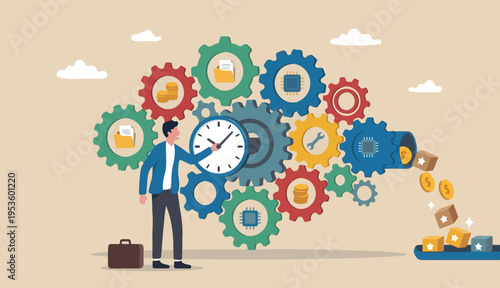 Efficiency or productivity, manage time management creative improve performance effective process, businessman combine clock timer gear to cogwheel for best efficiency