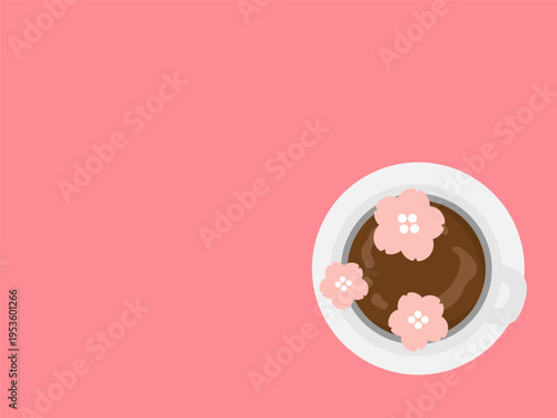 桜の花びらとホットカフェラテ　俯瞰　イメージ　イラスト