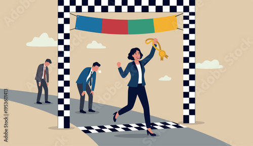 Woman success story, female leadership business victory gender equality, feminism win competition concept, confident businesswoman finishing line win competition over men colleague