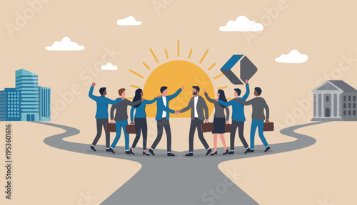 Merger and acquisition, company join force or partnership working together for to new opportunity and successful concept, businessmen merging together celebrating and ambitious for bright future