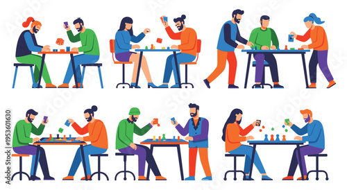 Friends and family playing board games and card games together in social settings