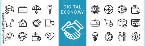 Collection of thin outline symbols for finance technology and online shopping