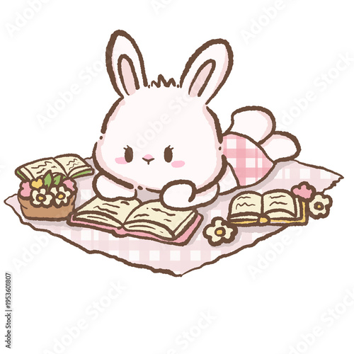 Foto Cute bunny lying down reading books with flowers cozy study illustration cottage