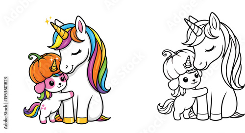 Cute Unicorn Hugging Puppy in Pumpkin Hat - Magical Friendship