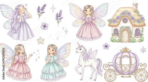 Whimsical fairy illustrations with magical creatures and carriage