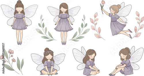 Illustrations of six fairy women in various poses with flowers and leaves