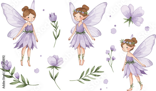 Whimsical fairy illustrations with purple flowers and leaves on white background