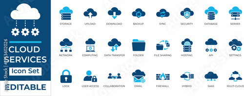 Cloud computing and network services icon set. Editable flat vector icons for database, security, SaaS, hosting, and server tech designs.