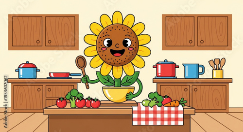 Smiling cartoon sunflower character cooking in kitchen with fresh vegetables and fruits on table