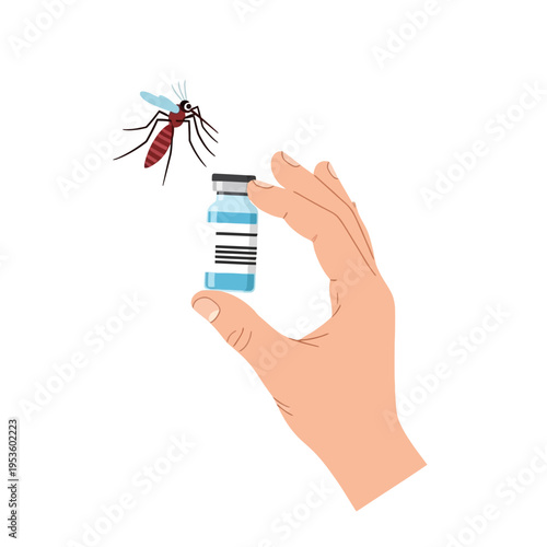 A hand holding a vaccine vial as a mosquito approaches