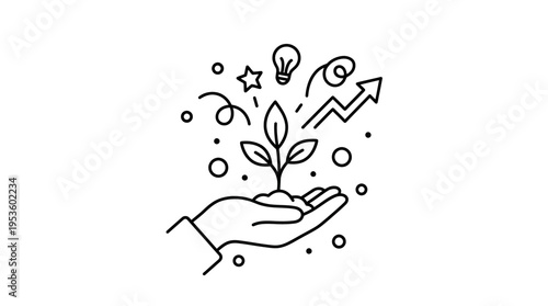 Hand Holding Growing Plant with Business Icons