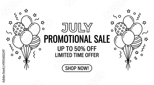 July Promotional Sale Banner with Balloons