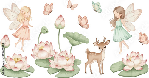 Whimsical fairy tale scene with fairies deer and butterflies amidst lily pads and flowers