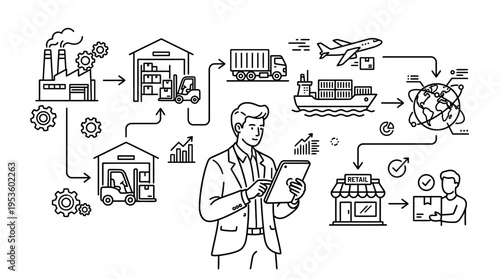 Supply Chain Management Diagram with Businessman and Devices