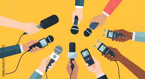 Many hands holding various microphones and recording devices in a circle on yellow background