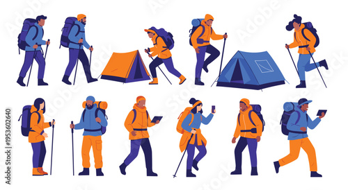 Hikers with backpacks and trekking poles on mountain trails near tents