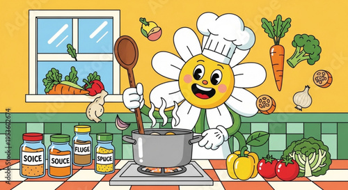 Smiling flower chef cooking vegetables in kitchen with sauce jars and ingredients on countertop