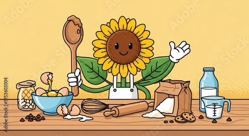 Smiling sunflower character baking cookies on wooden table with ingredients