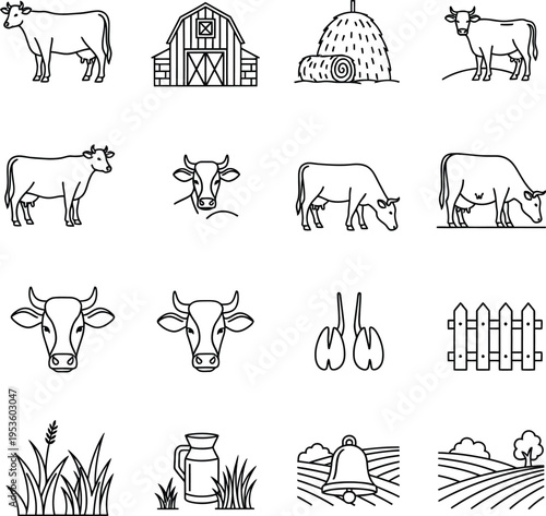 Farm including cows barn hay bale milk jug fence and fields