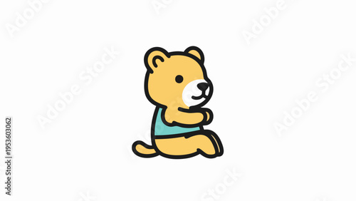 Cute cartoon bear sitting and wearing a blue shirt looking happy.