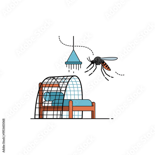 Mosquito flying near bed with a net canopy and trap to prevent bites