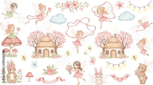 Whimsical fairy tale illustrations of princesses castles rabbits and flowers in soft pastel colors for kids